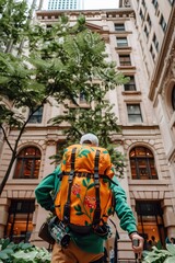 Wall Mural - Man with Backpack Walking Down City Street