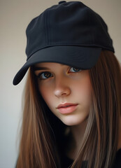 Wall Mural - A black blank baseball cap, worn by a female with long brown hair, black baseball cap, cap for mockup, mockup