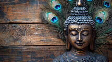 Buddha statue with wooden background and peacock featherwallpaper image with peacock feather and smiling buddhapeaceful image of buddha meditating with wooden backdrop , ai