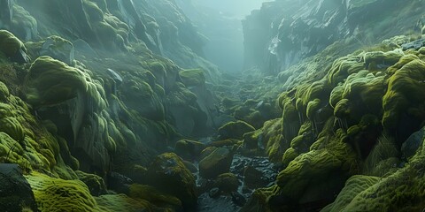 Poster - Green Moss Covered Rocks in a Narrow Gorge