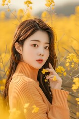 Wall Mural - Woman in a Yellow Sweater Posing in a Field of Yellow Flowers