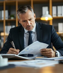 Wall Mural - Serious Businessman Reviewing Documents in Office