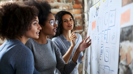 Three African American Women Collaborating on a Project Using a Whiteboard