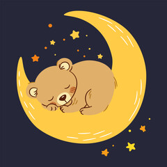 Wall Mural - Cute vector illustration in children's style. Cute bear cub sleeping on the moon, night sky . Vector illustration
