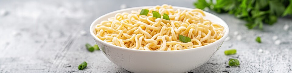 A bowl of instant noodles on the table, wide panoramic banner with copy space.