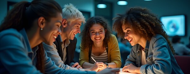 Sticker - Group of Diverse Students Studying Together at Night