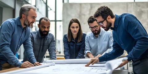 Wall Mural - Team of Architects Reviewing Blueprints in a Modern Office Space