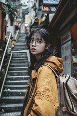 Wall Mural - Young Asian Woman Wearing Glasses and a Yellow Jacket Walks Down a Street in Asia