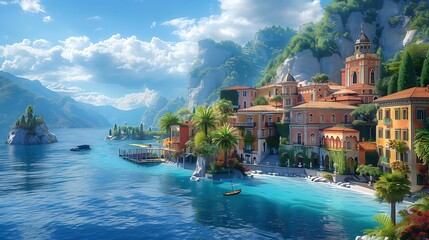 Poster - A serene coastal view featuring vibrant buildings, palm trees, and a tranquil blue lake surrounded by mountains.