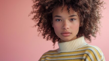Poster - The model strikes a serene pose, showcasing her beautiful curly hair and subtle makeup against a soft pastel backdrop, exuding effortless charm and elegance