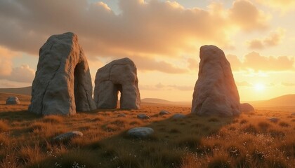 capture the essence of ancient neolithic structures with large stone formations set in a grassy land