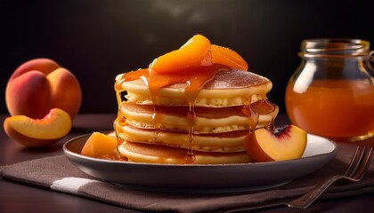 Wall Mural - stack of pancakes on a plate with peach jam, breakfast concept
