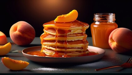 stack of pancakes on a plate with peach jam, breakfast concept
