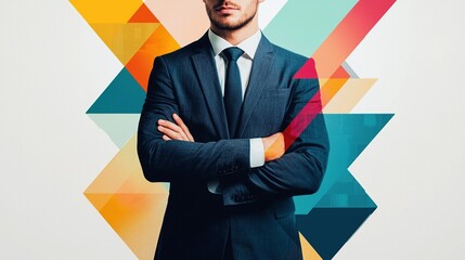 A dynamic collage illustrating stock business marketing, showcasing a man dressed in a professional suit with a fusion of photo elements and geometric designs in the background