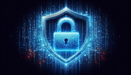 Padlock shield with binary code in blue-red tones concept of cyber security