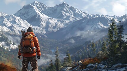 Canvas Print - A hiker gazes at snow-capped mountains and a lush valley under a clear sky.