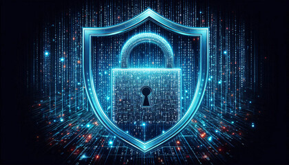 Padlock with binary code in blue-red tones concept of cyber security