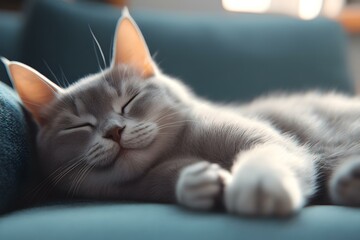 Wall Mural - Sleeping Grey Cat on a Blue Couch