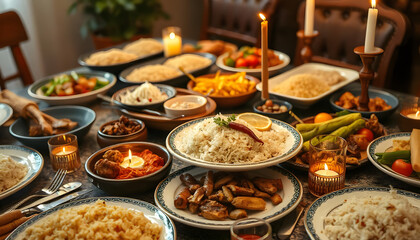 A traditional Middle Eastern or North African meal spread with various dishes including rice, and candles, creating a warm and inviting atmosphere