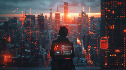 Wall Mural - A man working in a modern office holding a laptop surrounded by technology symbols against a city background.