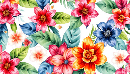 Wall Mural - Watercolor tropical floral pattern isolated with white highlights, png