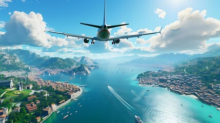 Poster - An airplane flying over a scenic coastal landscape with mountains and boats.