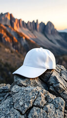 Poster - A white blank baseball cap on a rocky, mountainous landscape at sunset, hat, cap for mockup, white cap for logo mockup, logo mockup for company