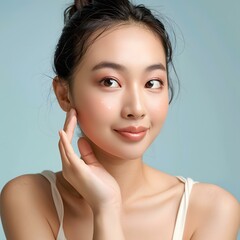 Wall Mural - Smiling Asian Woman with Soft Skin Touching Her Face