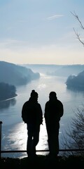 Poster - Silhouette of Two People Looking Over River and Valley