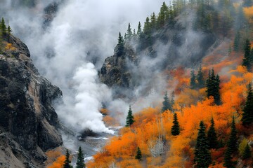 Poster - Steam Rising from the Forest in Autumn