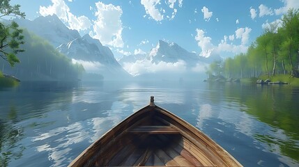 Sticker - A serene lake view from a boat, surrounded by mountains and lush greenery under a clear blue sky.