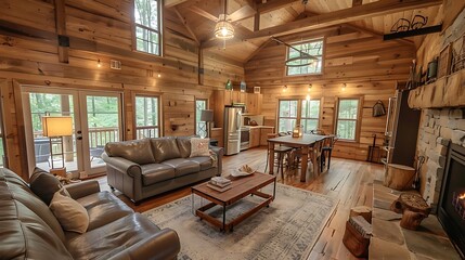 Sticker - Cozy wooden living room with natural lighting and rustic decor.