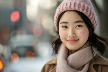 Wall Mural - Smiling Asian Woman in Winter Wearing a Pink Knit Hat and Scarf