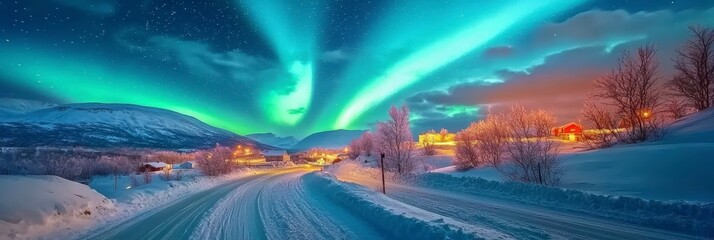 The beautiful northern lights over the icy road illuminate the snowy village. A magical polar night.