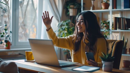 Wall Mural - The woman waving at laptop