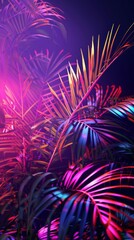 Aufkleber - Lush tropical leaves create an enchanting atmosphere, illuminated by vibrant hues of purple and pink. The interplay of light and shadows enhances the modern aesthetic