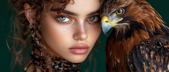 Canvas Print -  A close-up of a woman with a bird of prey perched on her shoulder