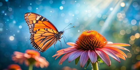 Vibrant orange butterfly perched on delicate coneflower petals against soft focus blurred bokeh blue background with warm golden light and subtle morning dew droplets.