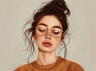 Wall Mural - Digital Illustration of a Young Woman With Glasses