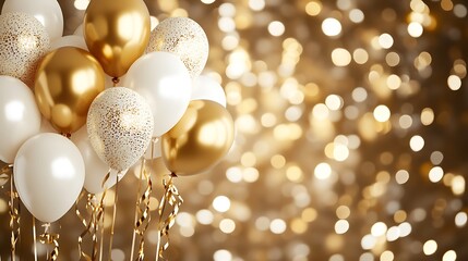 Bright celebration backdrop featuring metallic gold and white balloons, golden ribbons, and a bokeh effect of shimmering lights