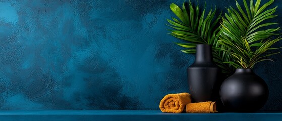  Two black vases atop a table, beside a verdant plant and a sunny yellow towel