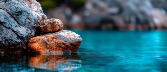 Poster -  A rock perched atop a body of water, adjacent to a larger rock crowned by another rock