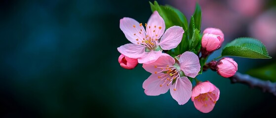  A tight shot of a pink blossom on a leafy branch against a softly blurred backdrop