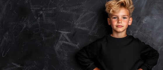 Sticker -  A young boy stands before a chalkboard, hands on hips