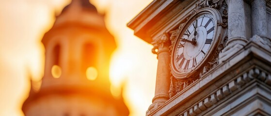 Wall Mural -  A tight shot of a clock face on a building's side, framed by a steeple against a sunset backdrop