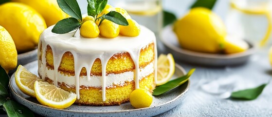 Poster -  A tight shot of a lemon cake on a plate, adorned with slices of citrus and a verdant leaf atop