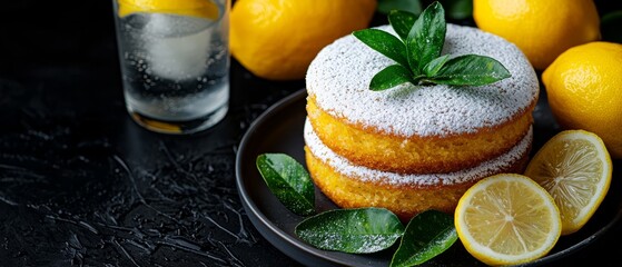  A plate holds a cake, dusted with powdered sugar Nearby, lemons are arranged, and a glass of water sits beside it