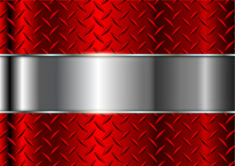 Poster - Metallic shiny background, 3D silver chrome sheet metal with diamond plate texture and red banner