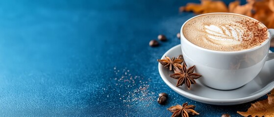 Sticker -  A cappuccino in a ceramic cup, topped with cinnamon and a star anise, sit on a blue saucer