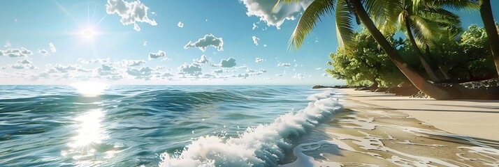 Wall Mural - A serene beach scene with gentle waves, palm trees, and a bright sky.